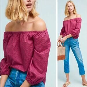 Anthropologie MAEVE Women's Pink Cotton Maiden Printed Off Shoulder Blouse Large